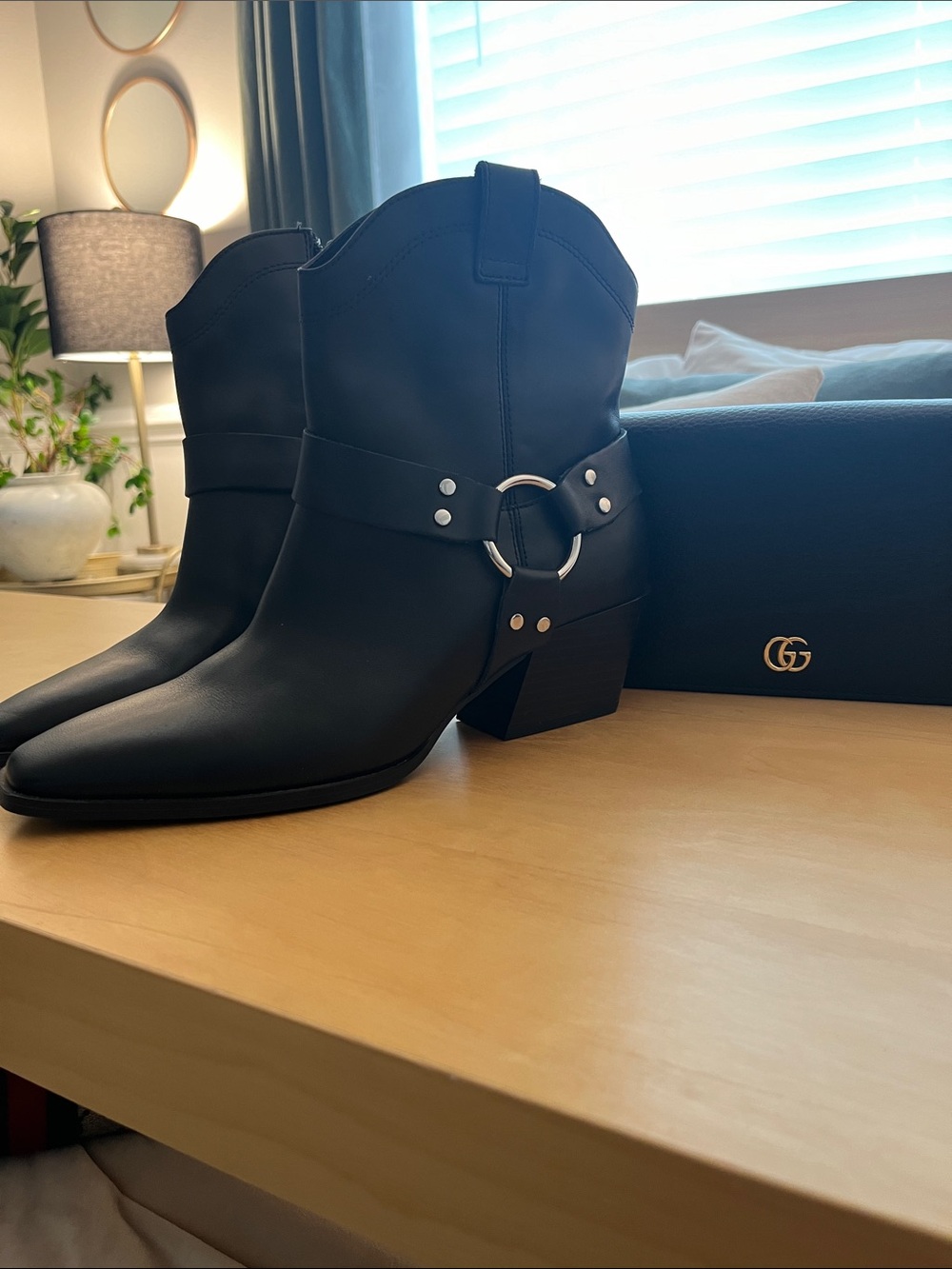Black Leather Harness Western Ankle Boots